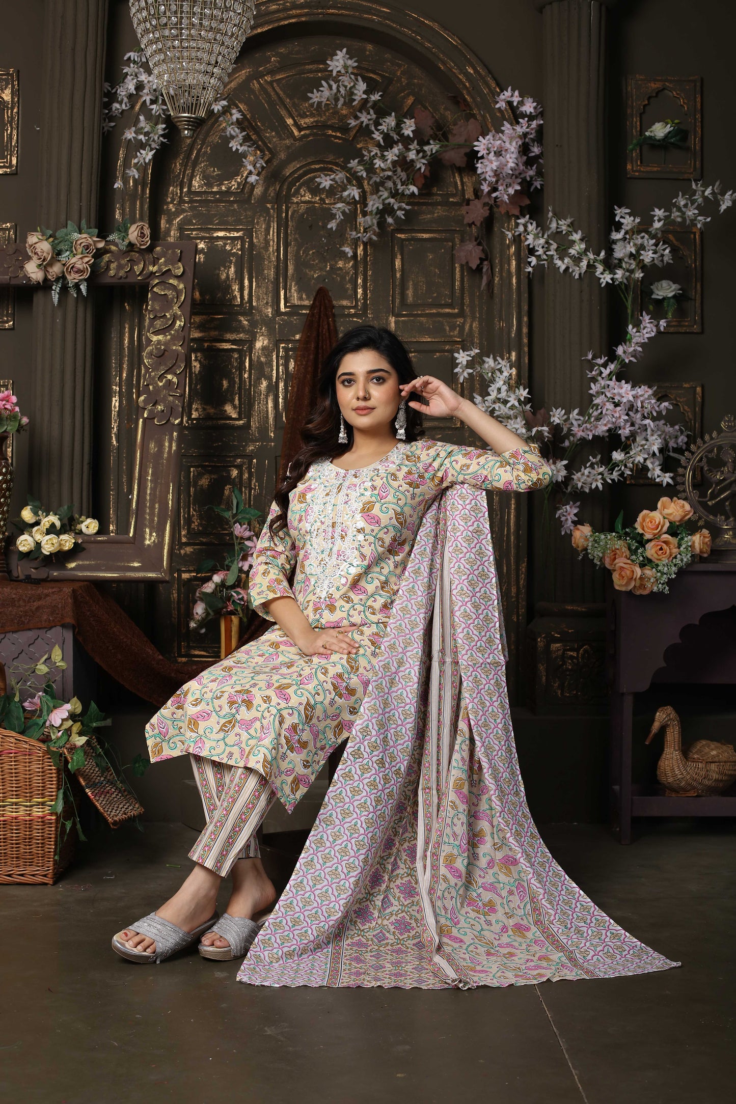 Women's Chinon Printed Kurta with Pants & Dupatta- 3pc set, TK081
