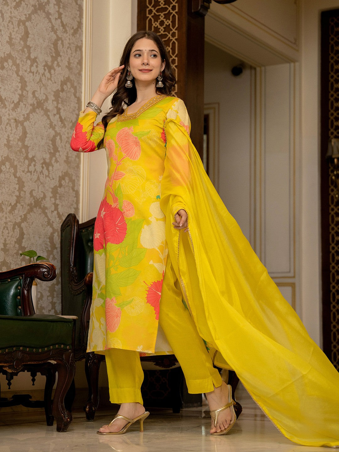 Yellow Floral Printed Rayon Kurta Pant with Dupatta, 3pc set