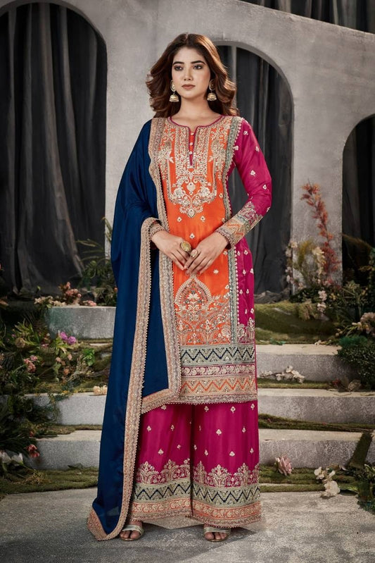 Gulzaar designer chinnon fabric embroidered Suit Set