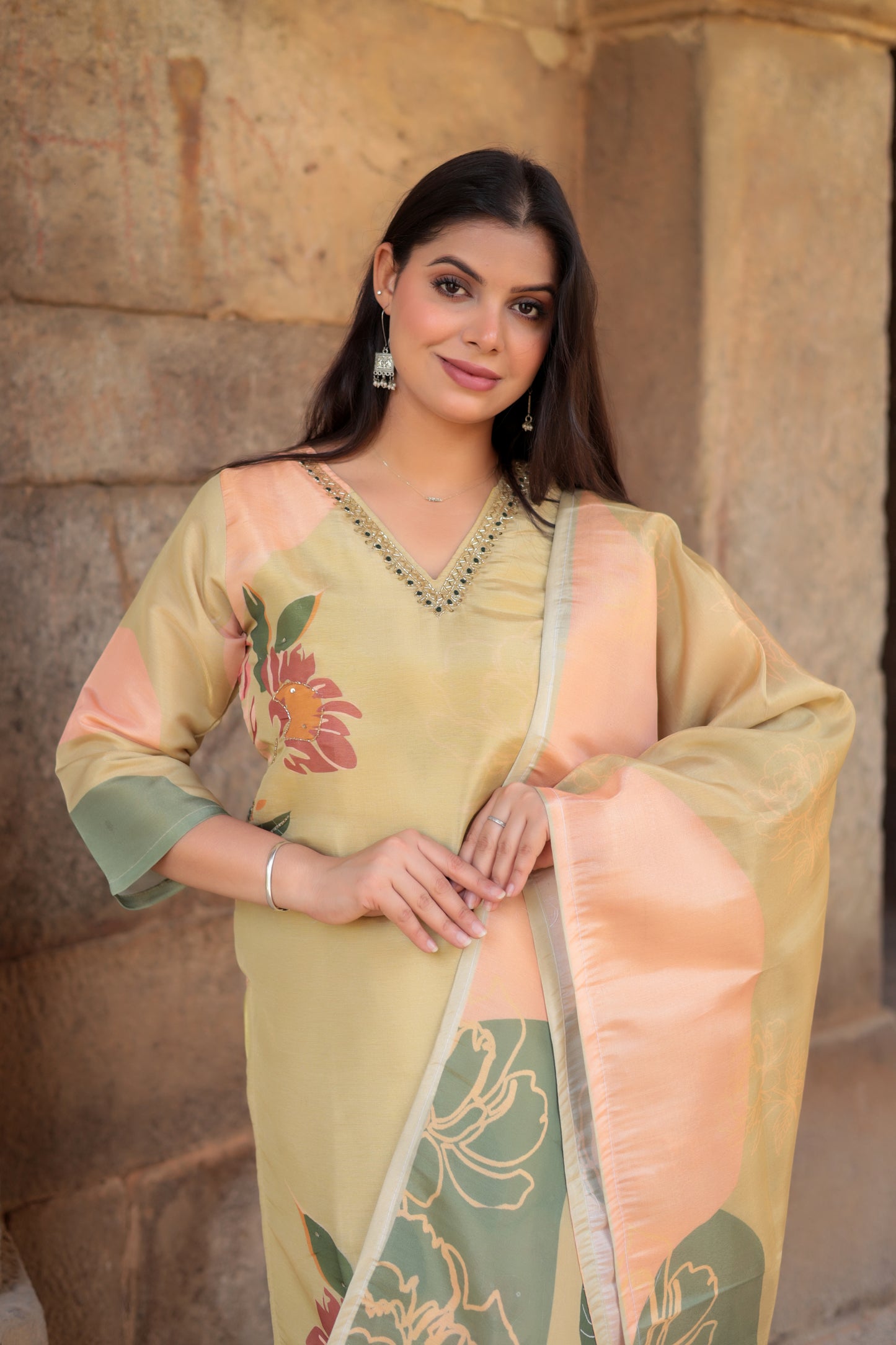 Goldenish Printed Kurta on Tissue Silk with Hand-work on neck along with Pants & Dupatta, 3pc set
