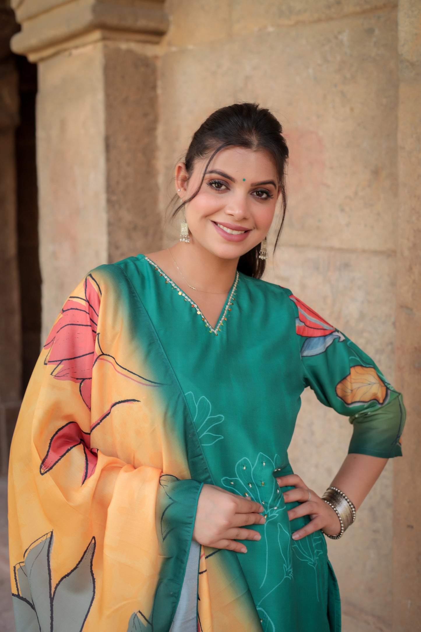 Dark green Printed Suit set with Hand-work on neck & contrast Dupatta, 3pc set