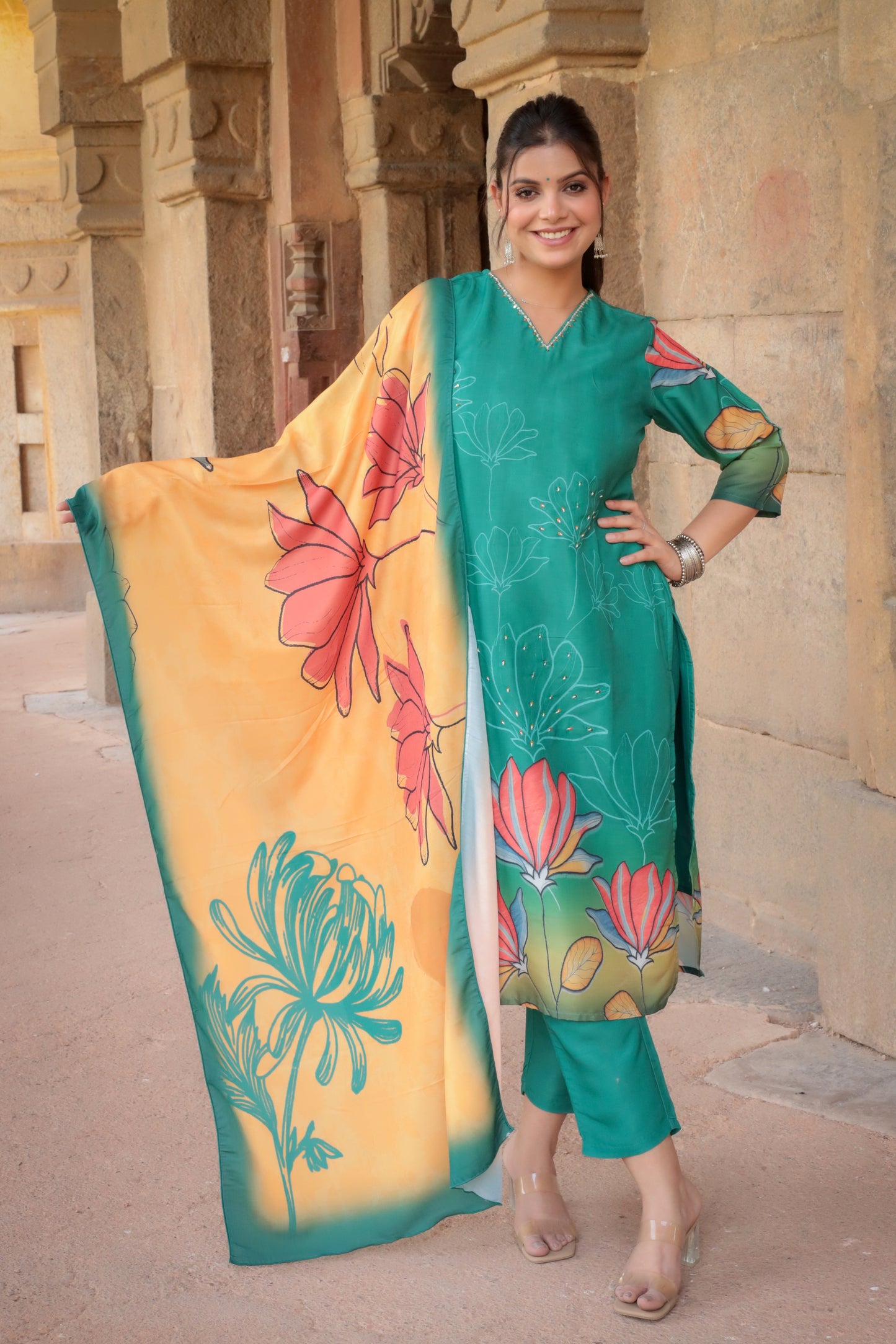 Dark green Printed Suit set with Hand-work on neck & contrast Dupatta, 3pc set