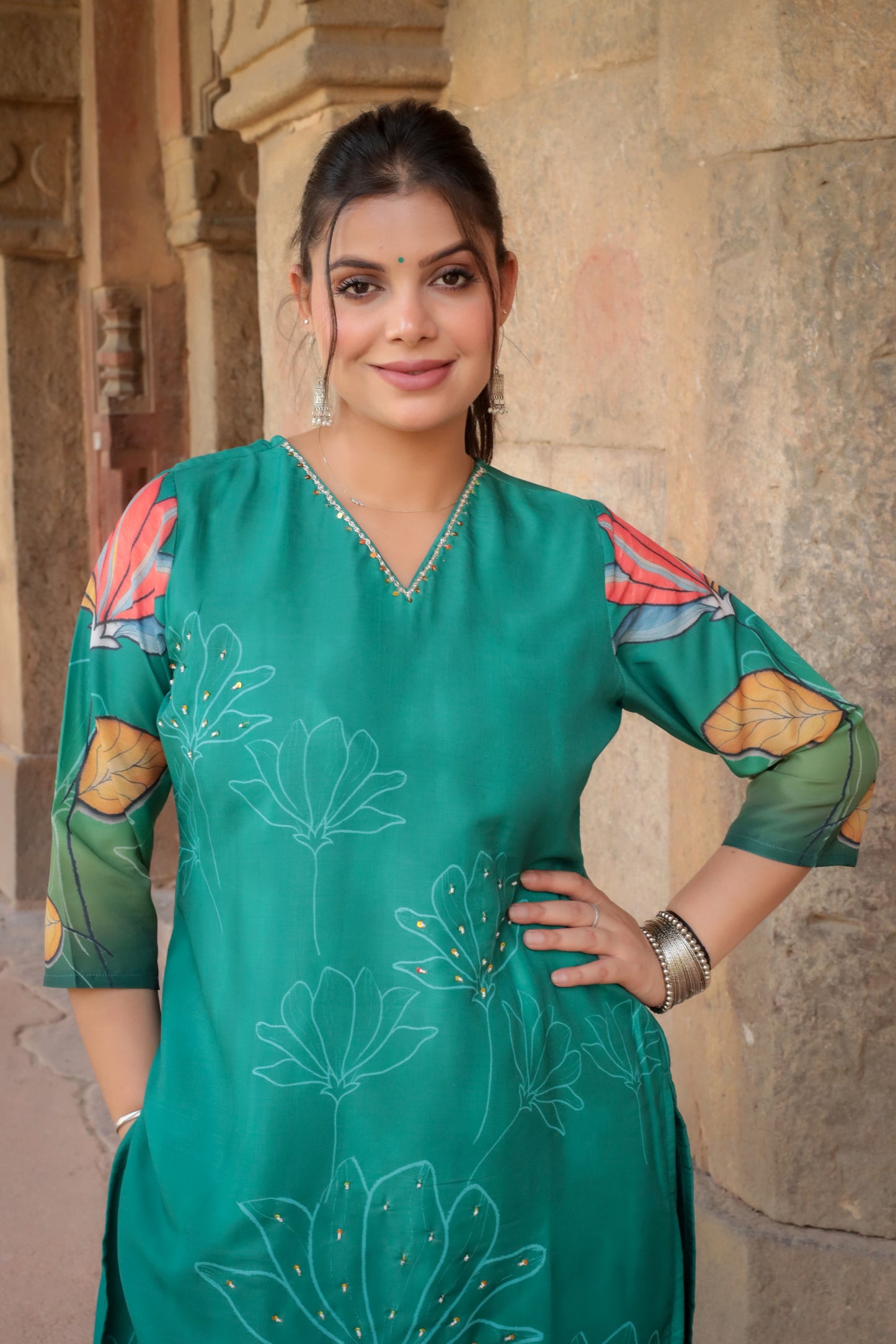 Dark green Printed Suit set with Hand-work on neck & contrast Dupatta, 3pc set
