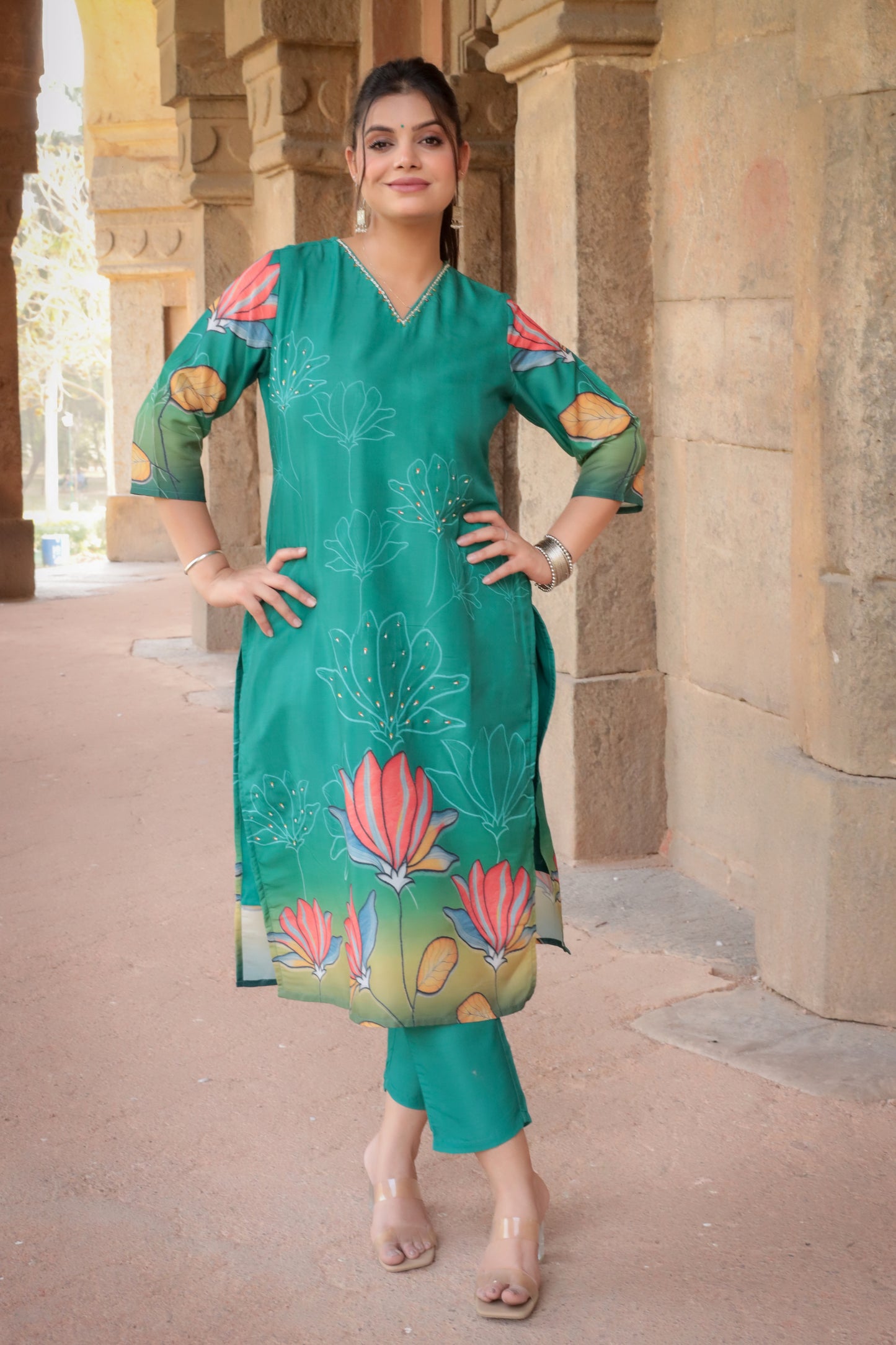 Dark green Printed Suit set with Hand-work on neck & contrast Dupatta, 3pc set