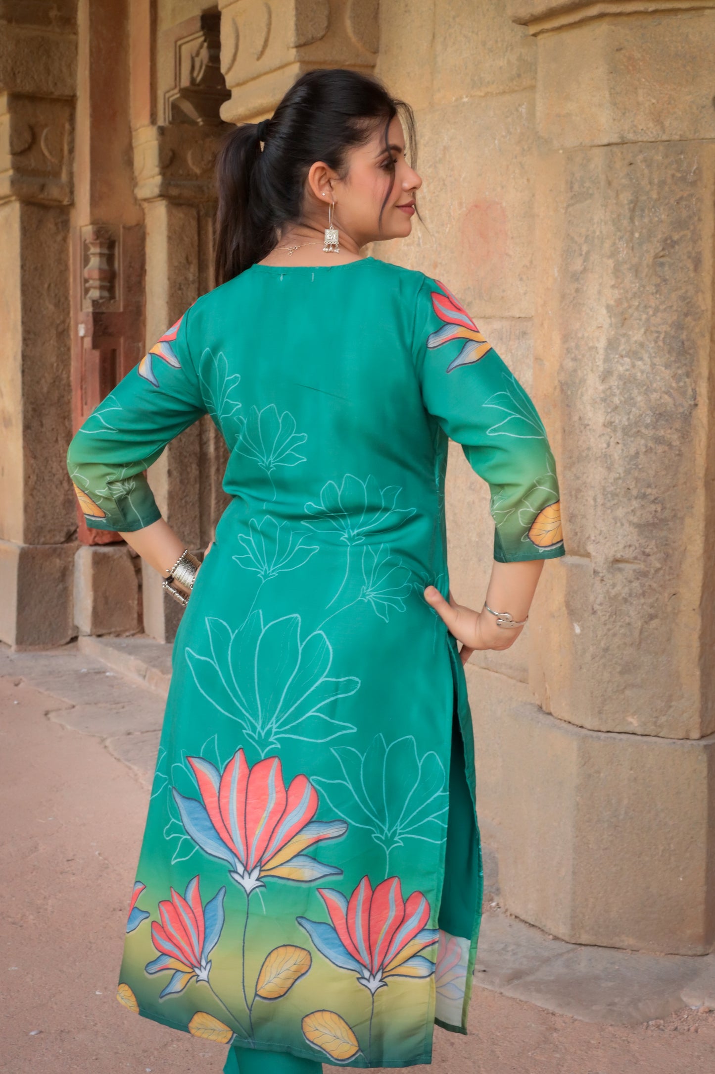 Dark green Printed Suit set with Hand-work on neck & contrast Dupatta, 3pc set