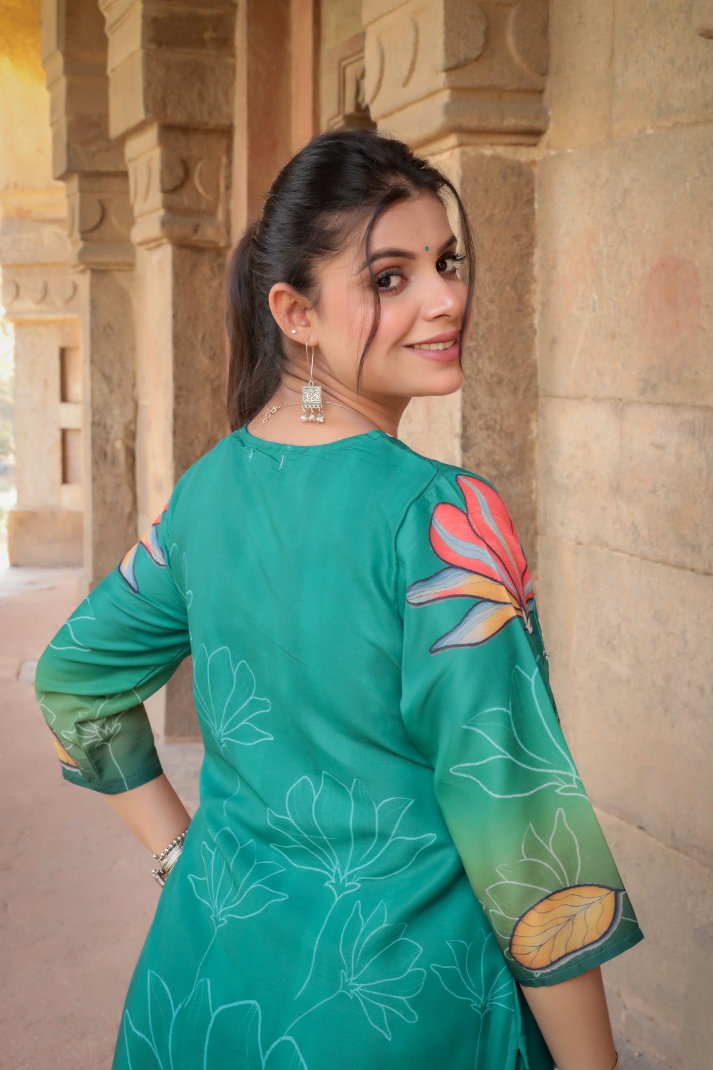 Dark green Printed Suit set with Hand-work on neck & contrast Dupatta, 3pc set