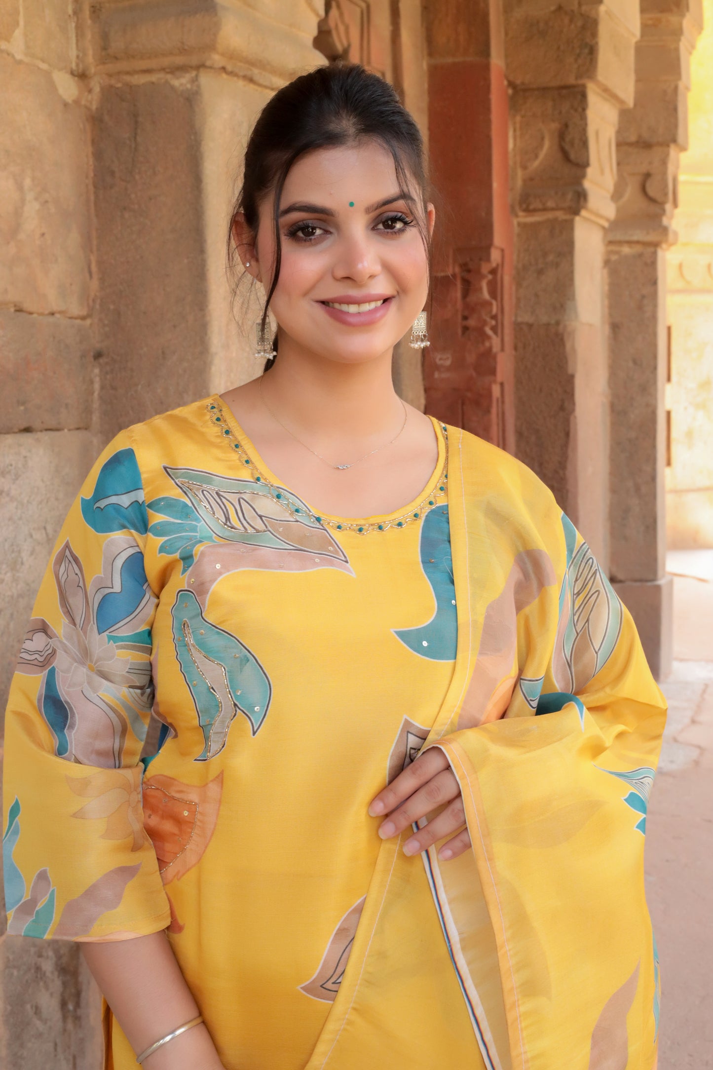 Yellow Printed Tissue Silk Kurta with Pants & Dupatta and Hand-work on neck, 3pc set