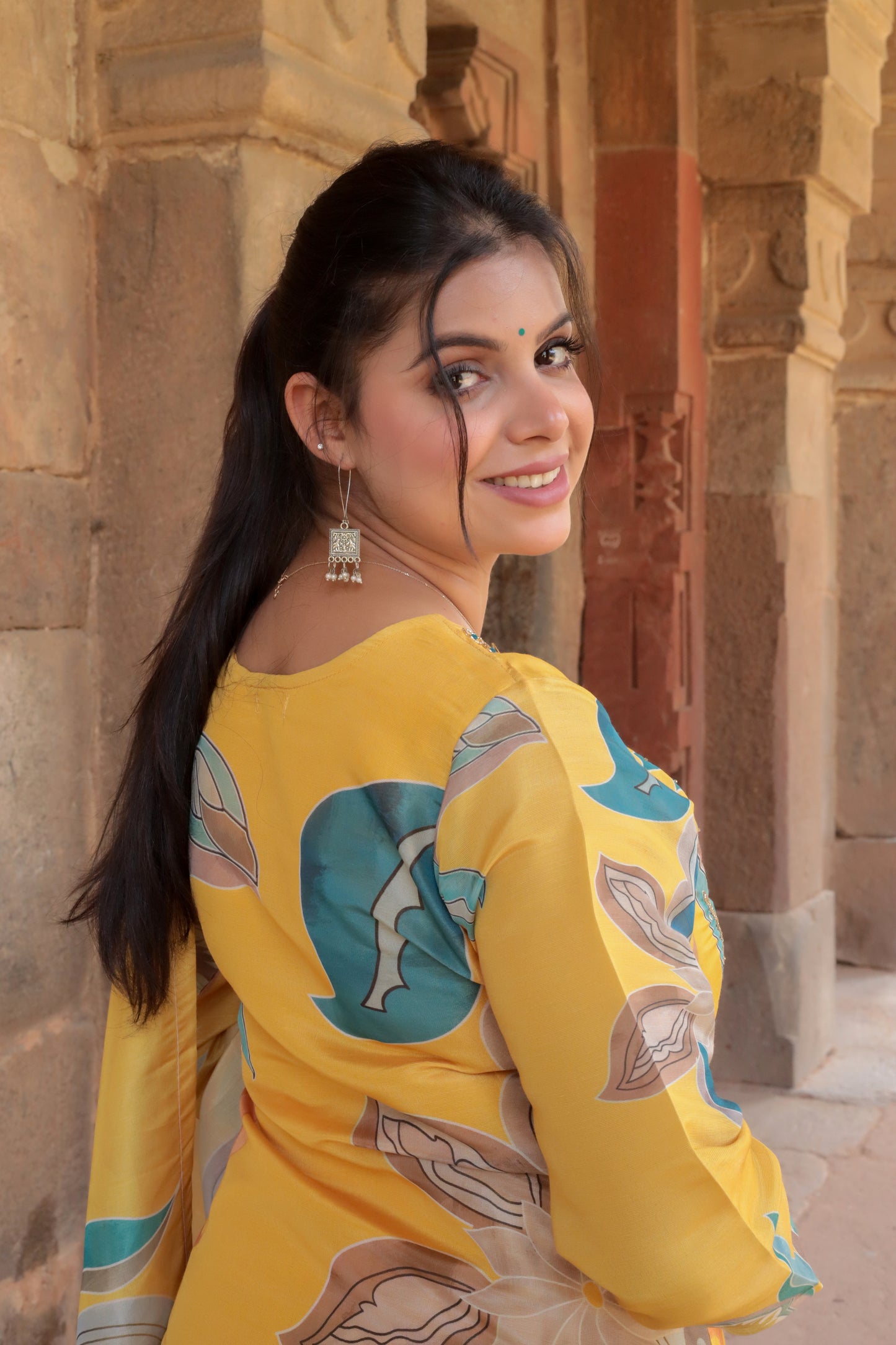 Yellow Printed Tissue Silk Kurta with Pants & Dupatta and Hand-work on neck, 3pc set