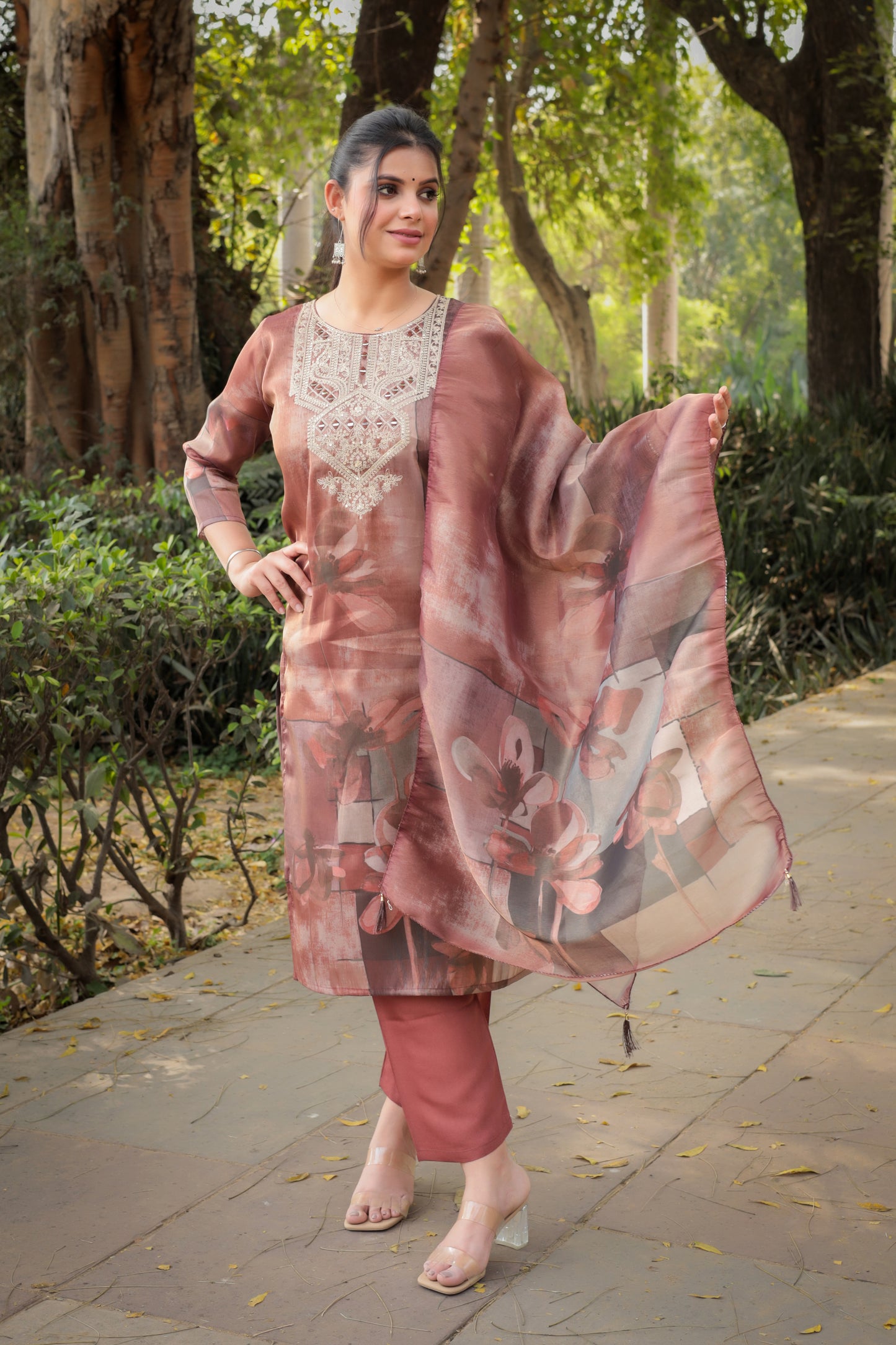 Brown Printed Tissue Silk Kurta with Mirror-work along with Pants & Dupatta, 3pc set