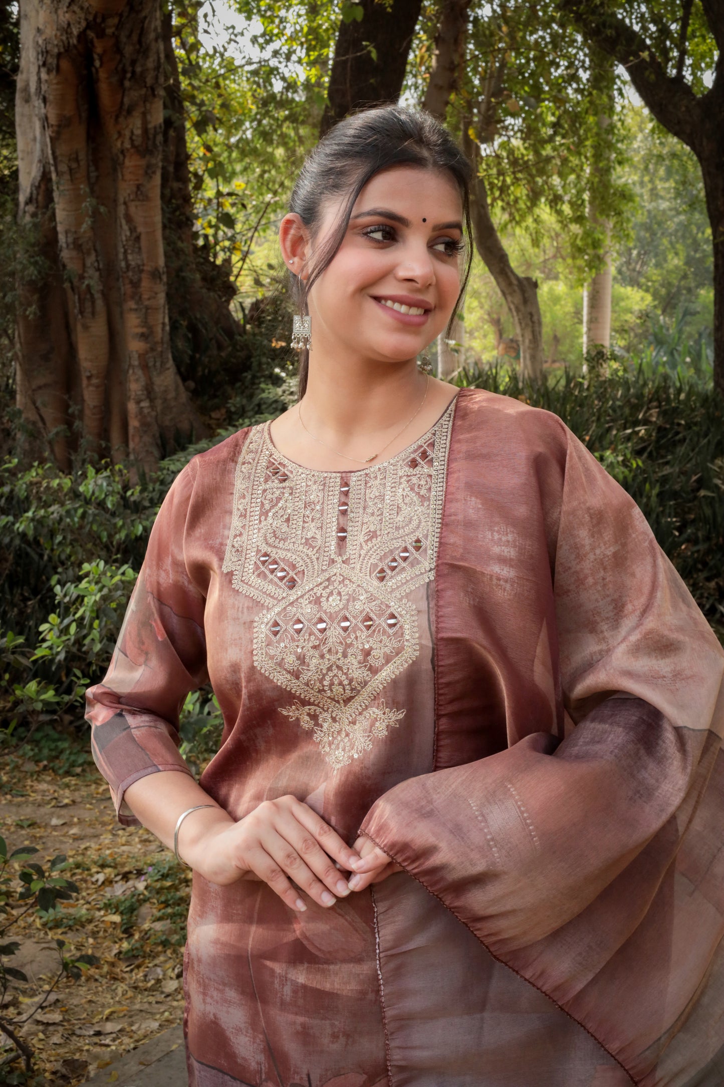 Brown Printed Tissue Silk Kurta with Mirror-work along with Pants & Dupatta, 3pc set