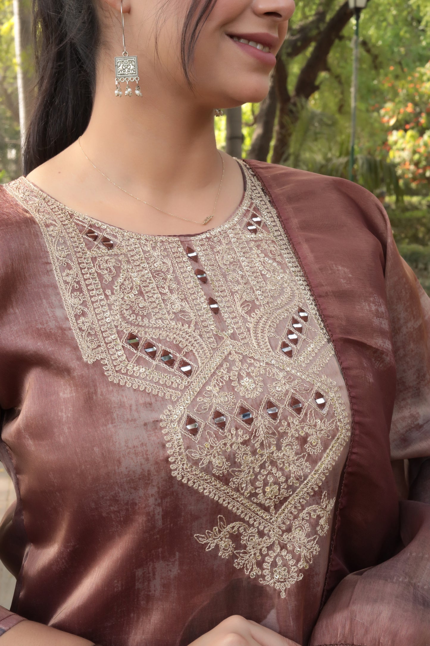 Brown Printed Tissue Silk Kurta with Mirror-work along with Pants & Dupatta, 3pc set