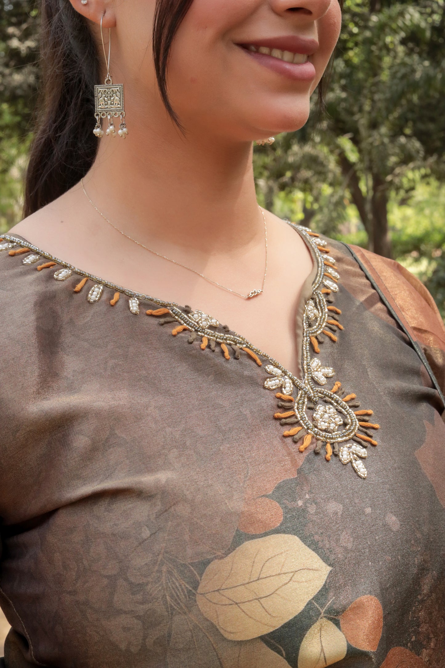 Metal brown 3D Printed Tissue Silk Kurta with Hand-work on neck along with Pants & Dupatta, 3pc set