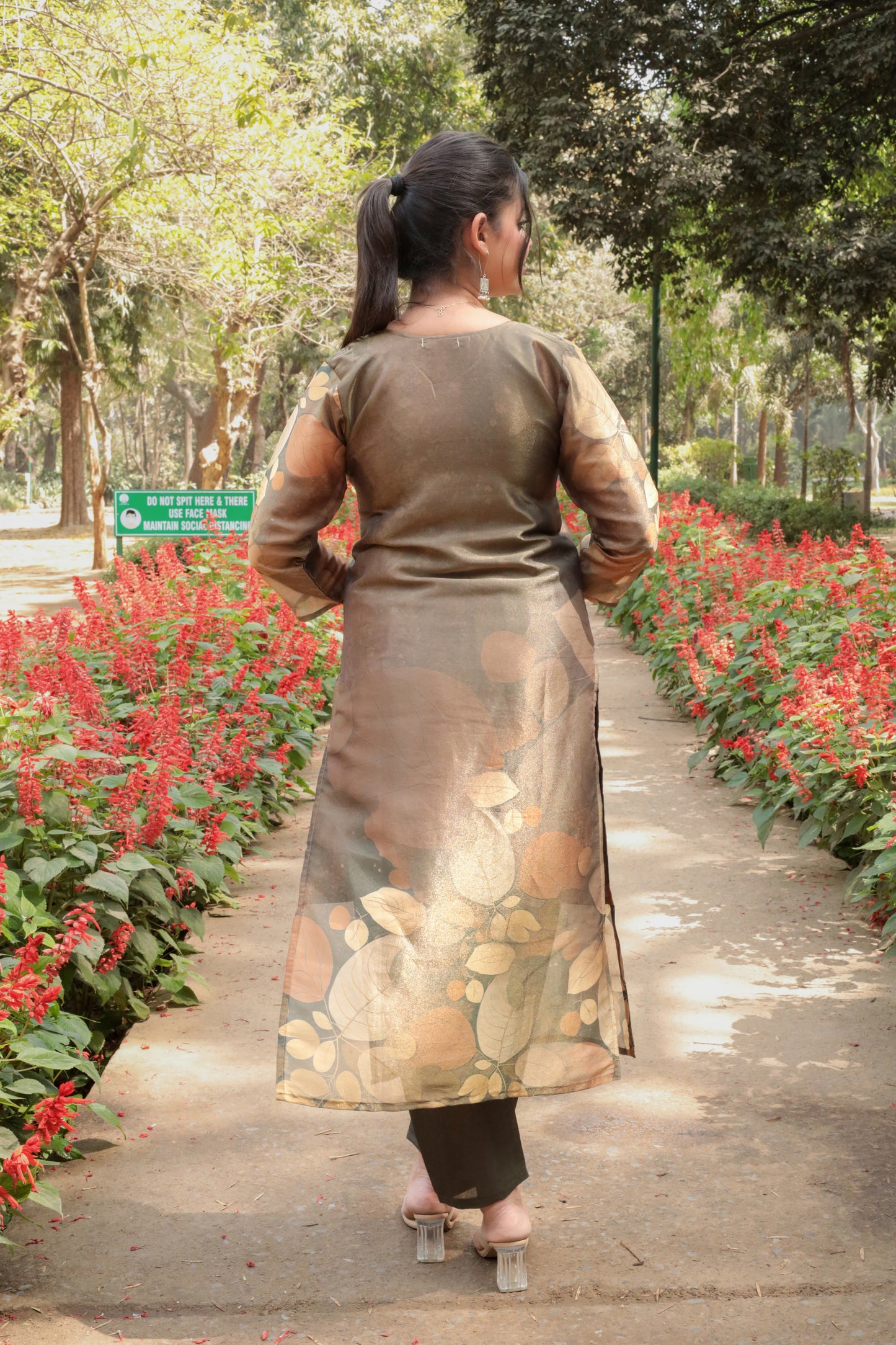 Metal brown 3D Printed Tissue Silk Kurta with Hand-work on neck along with Pants & Dupatta, 3pc set