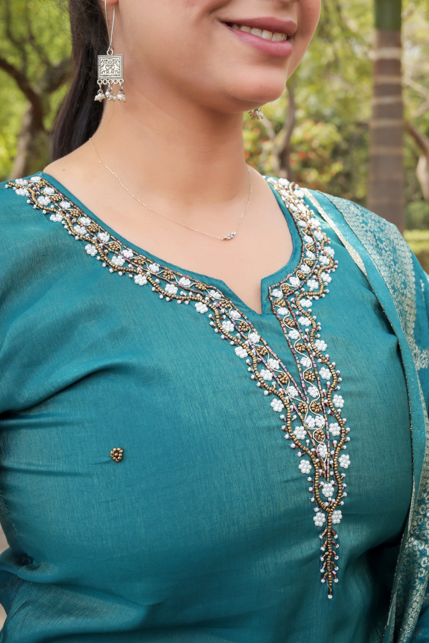 Teal Blue Solid Kurta with Hand-work on neck and Weaved Dupatta & Pants, 3pc set