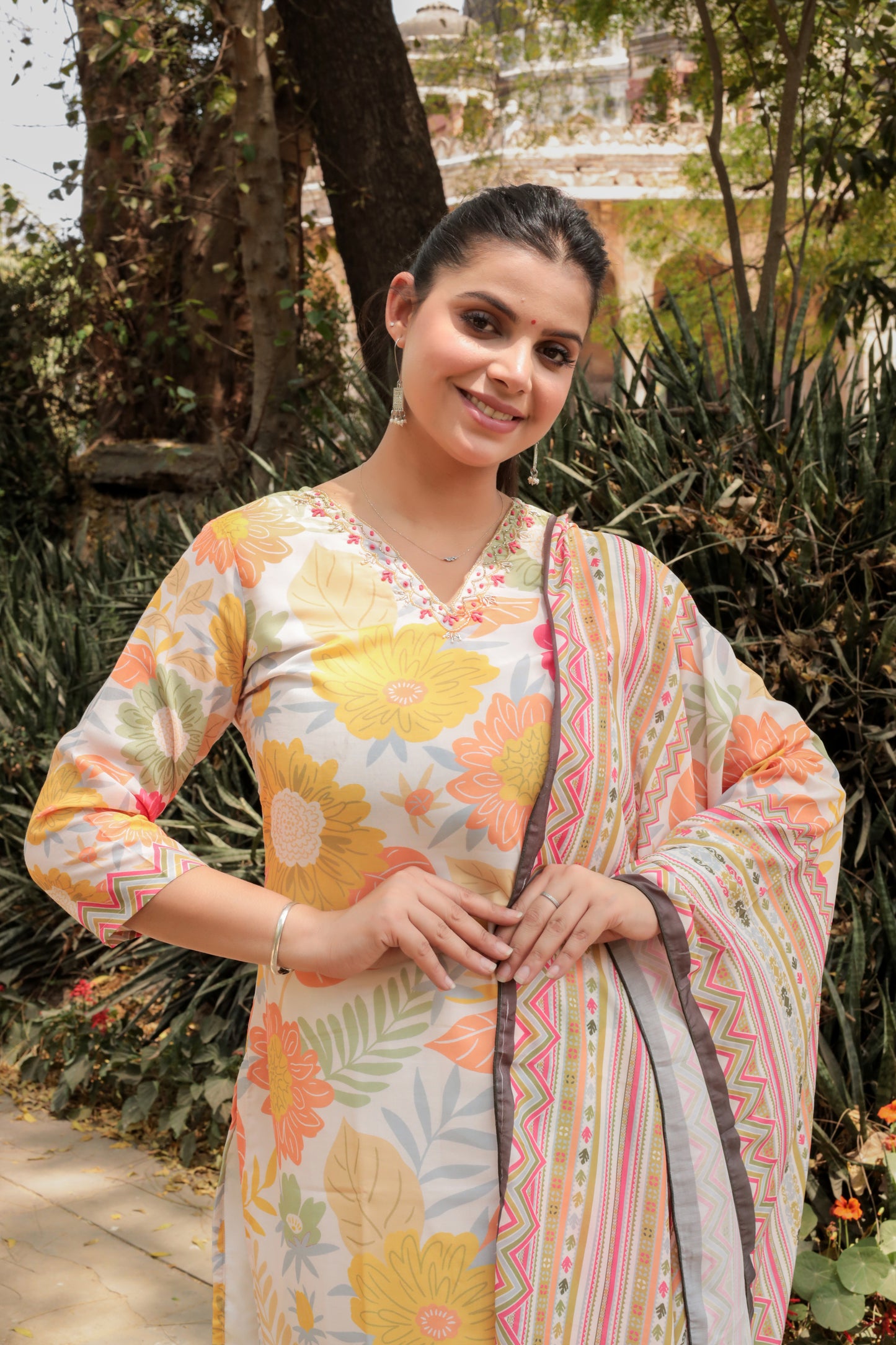 Premium & Soft Multicolor Printed Kurta with Pants & Dupatta with hand-work on neck, 3pc set