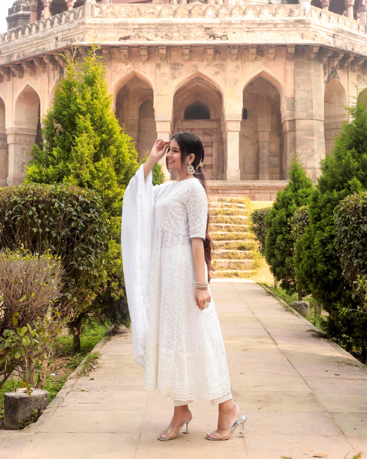 Elegant White Chikankari Gown suit set with dupatta, 2 pc (pant not included),TK165
