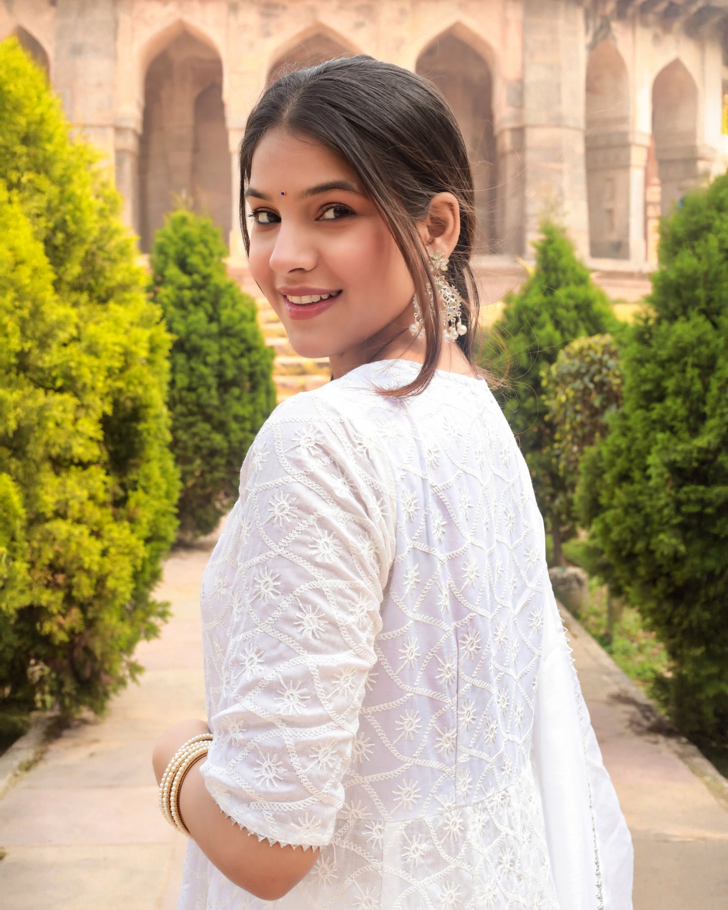 Elegant White Chikankari Gown suit set with dupatta, 2 pc (pant not included),TK165