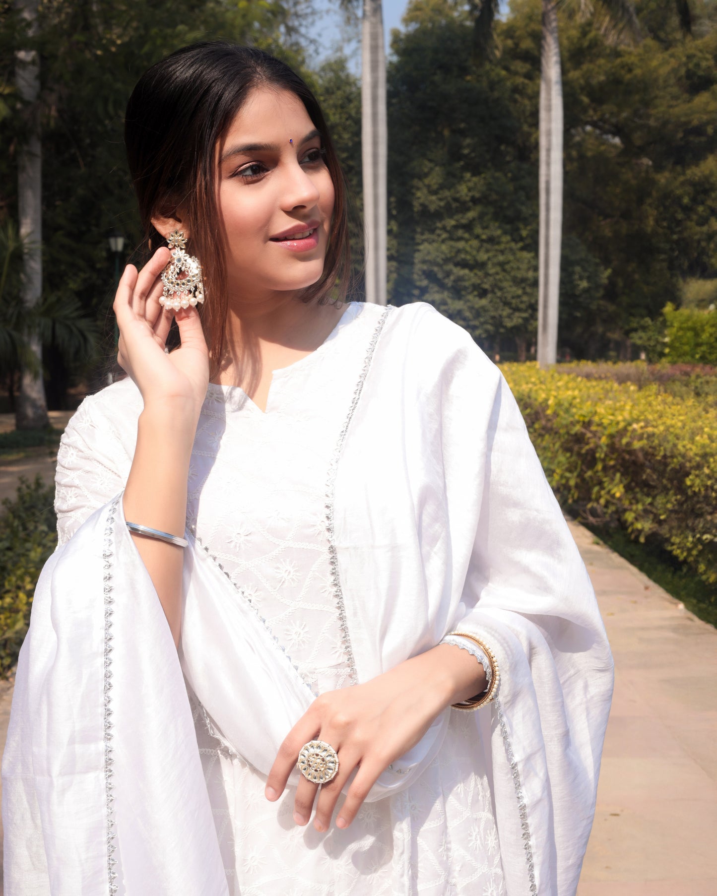 Elegant White Chikankari Gown suit set with dupatta, 2 pc (pant not included),TK165
