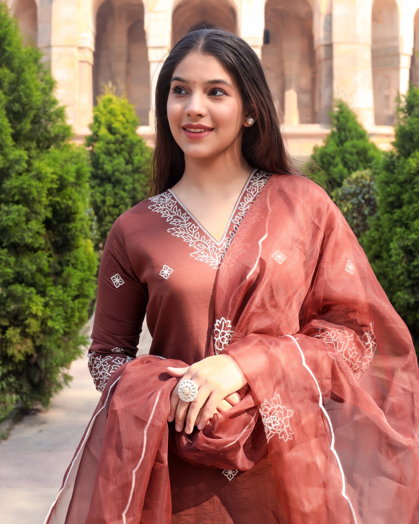 Designer Brown Embroidered Viscose Suit set with dupatta