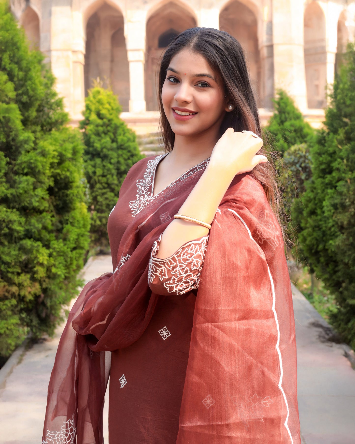 Designer Brown Embroidered Viscose Suit set with dupatta