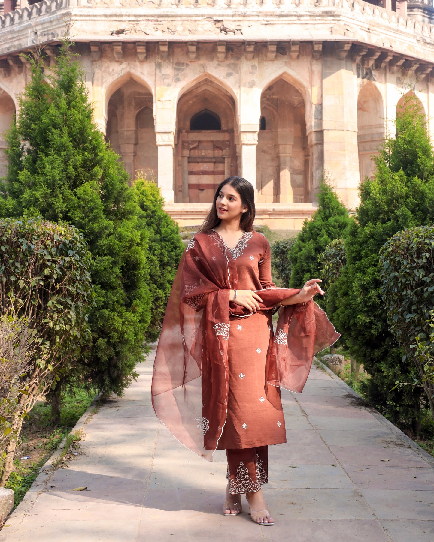 Designer Brown Embroidered Viscose Suit set with dupatta