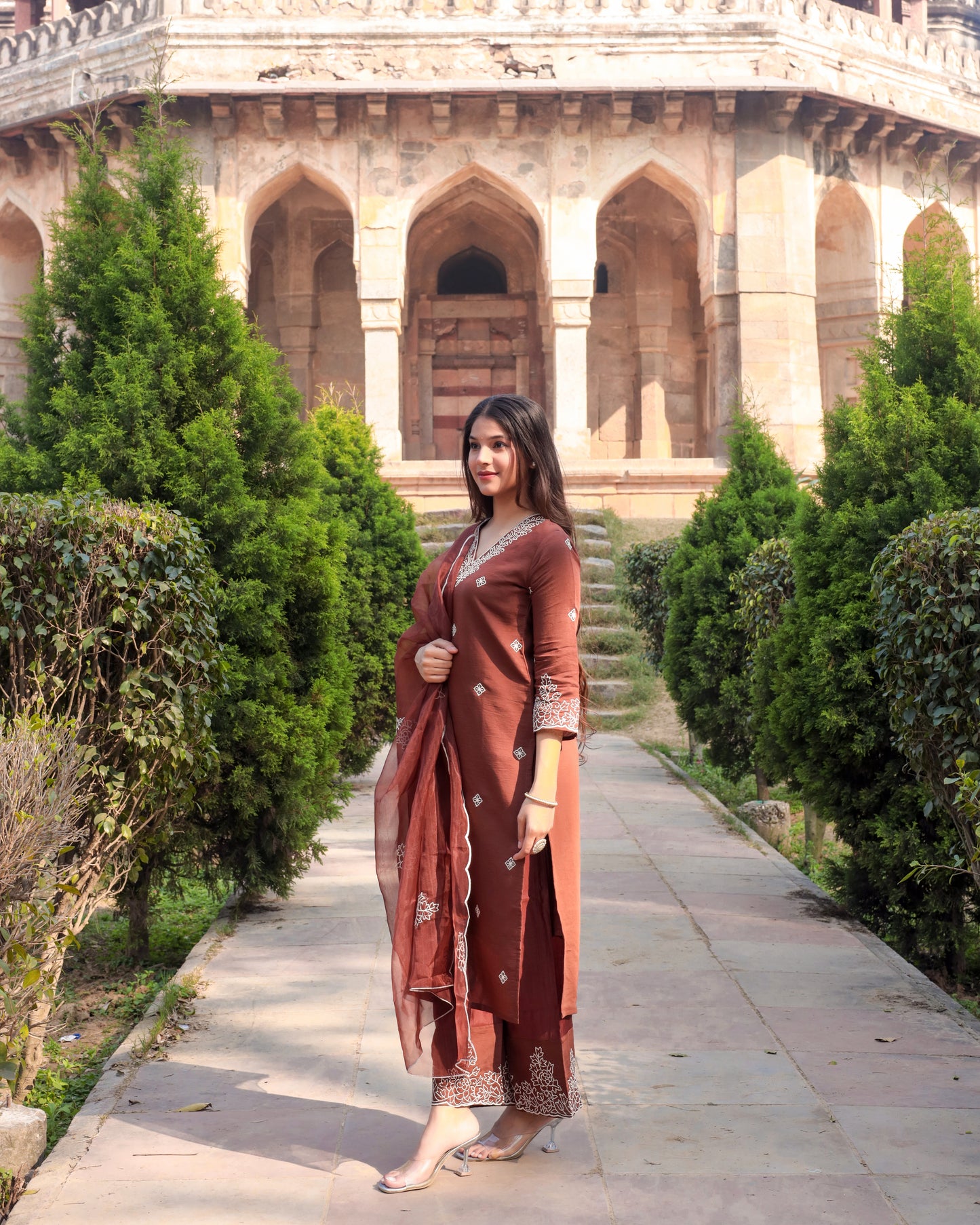 Designer Brown Embroidered Viscose Suit set with dupatta