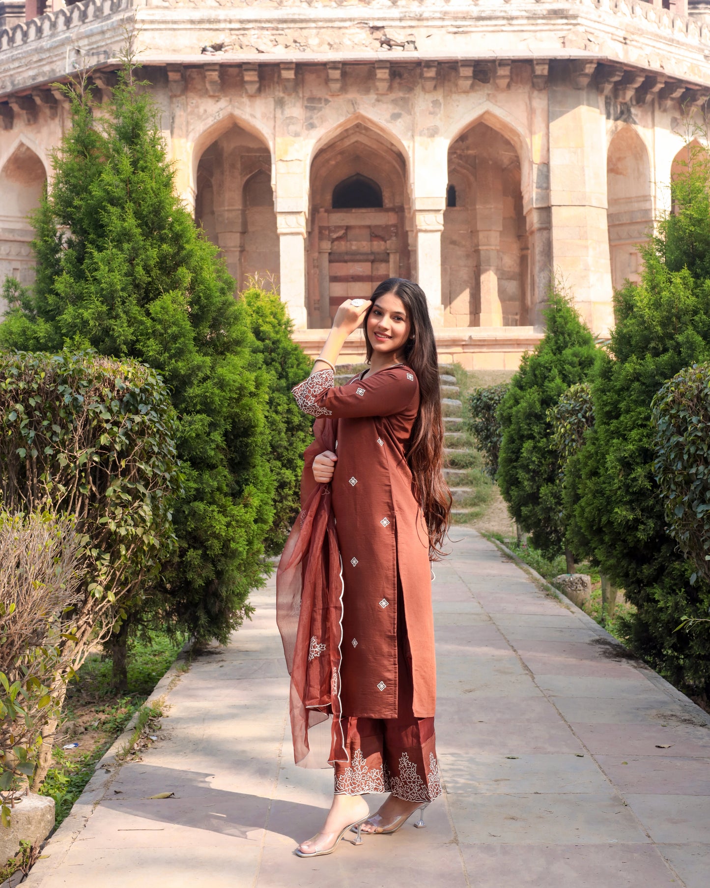 Designer Brown Embroidered Viscose Suit set with dupatta