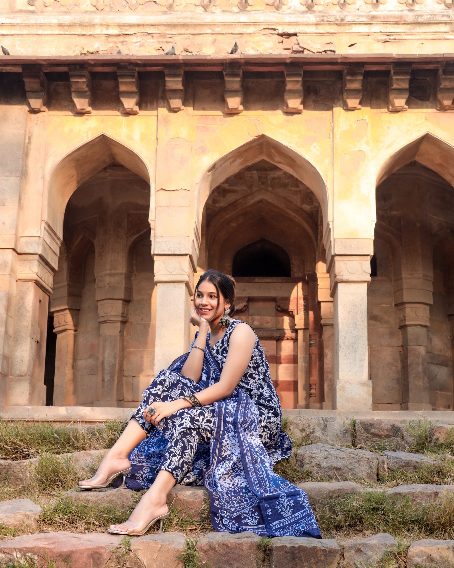 Navy Blue Sleeveless Cotton Printed Suit Set with dupatta, 3pc, TK194