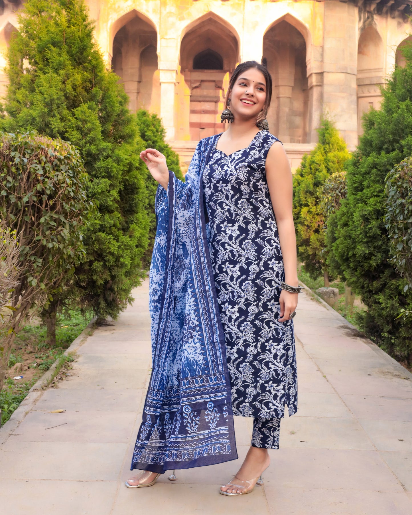Navy Blue Sleeveless Cotton Printed Suit Set with dupatta, 3pc, TK194