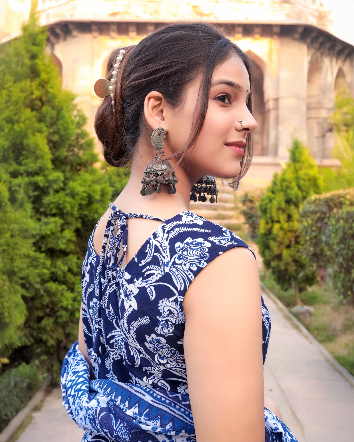 Navy Blue Sleeveless Cotton Printed Suit Set with dupatta, 3pc, TK194