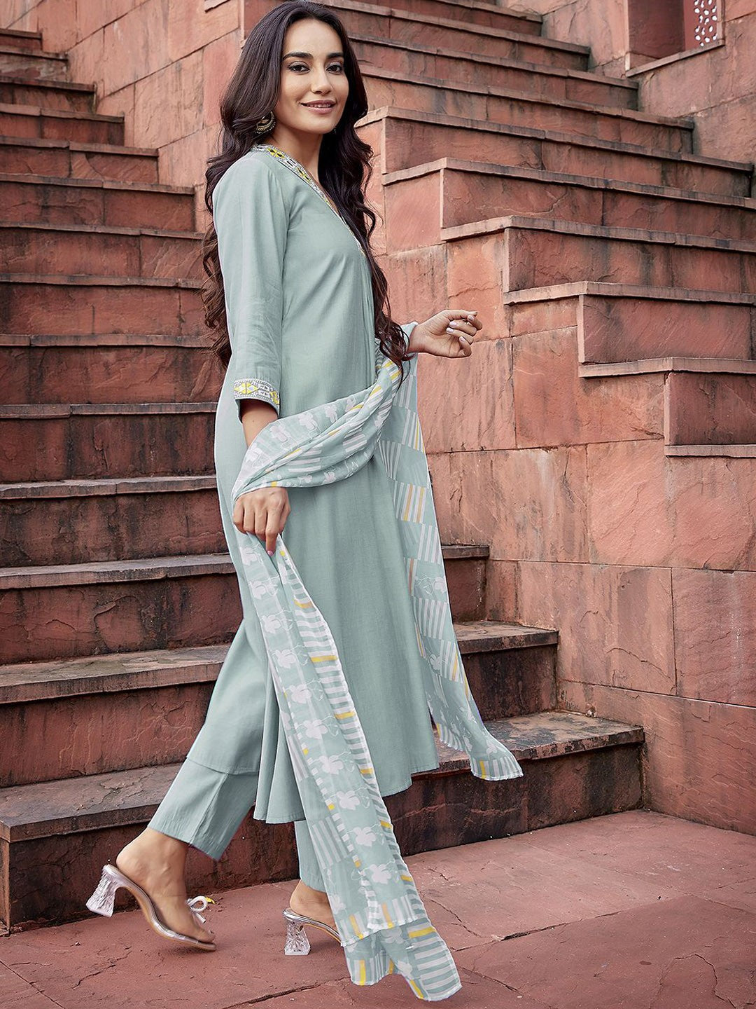 Yoke Design with Mirror Work & Solid Flared Viscose Kurta Pant with Dupatta, 3pc, TK208-209