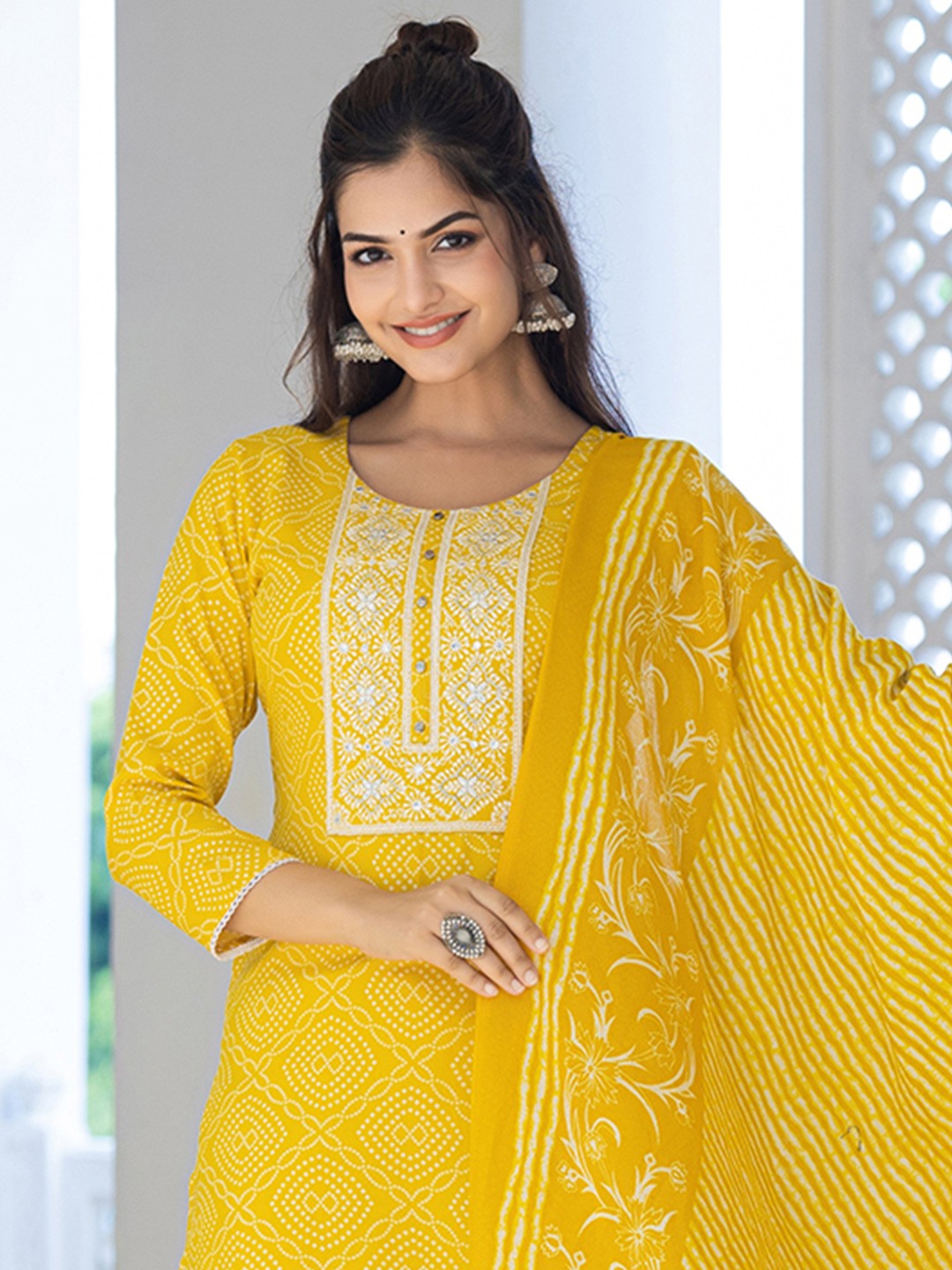 Yellow Bandhani Printed Viscose Kurta Pant with Dupatta, 3pc set