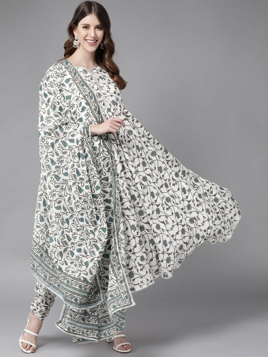 Women's Cotton Blend Printed Kurta with Pants & Dupatta- 3pc set, TK093