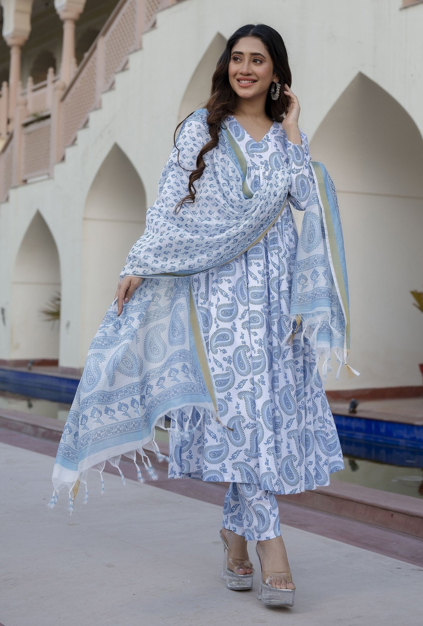 Women's Cotton Blend Printed Kurta with Pants & Dupatta- 3pc set, TK095