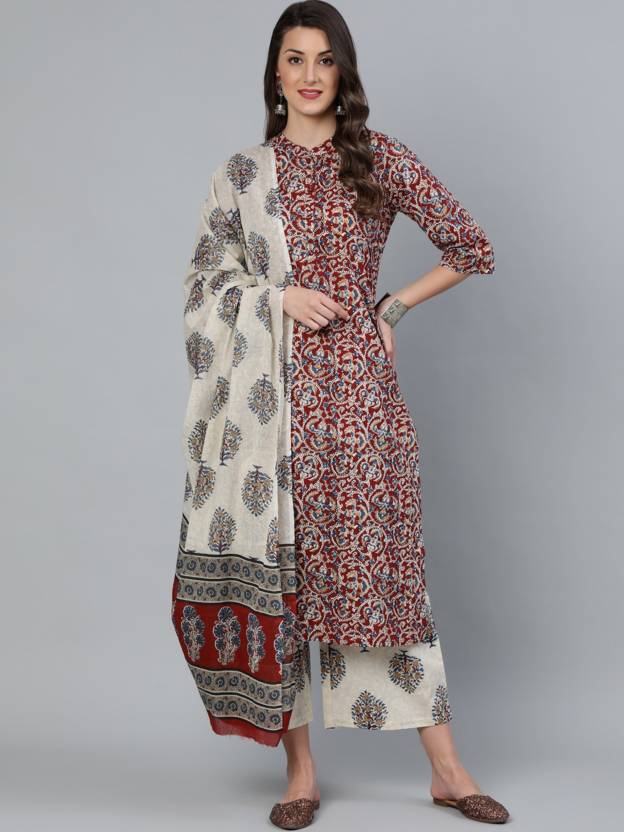 Women's Cotton Blend Printed Kurta with Pants & Dupatta- 3pc set, TK091