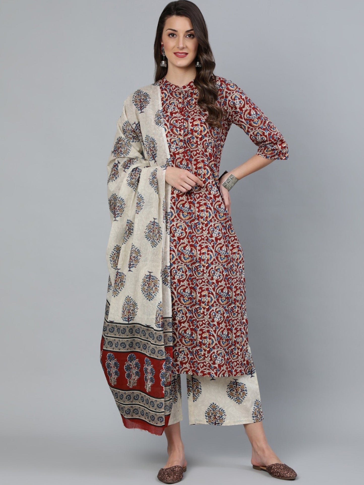 Women's Cotton Blend Printed Kurta with Pants & Dupatta- 3pc set, TK091
