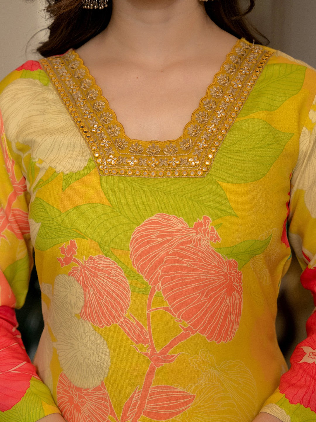 Yellow Floral Printed Rayon Kurta Pant with Dupatta, 3pc set