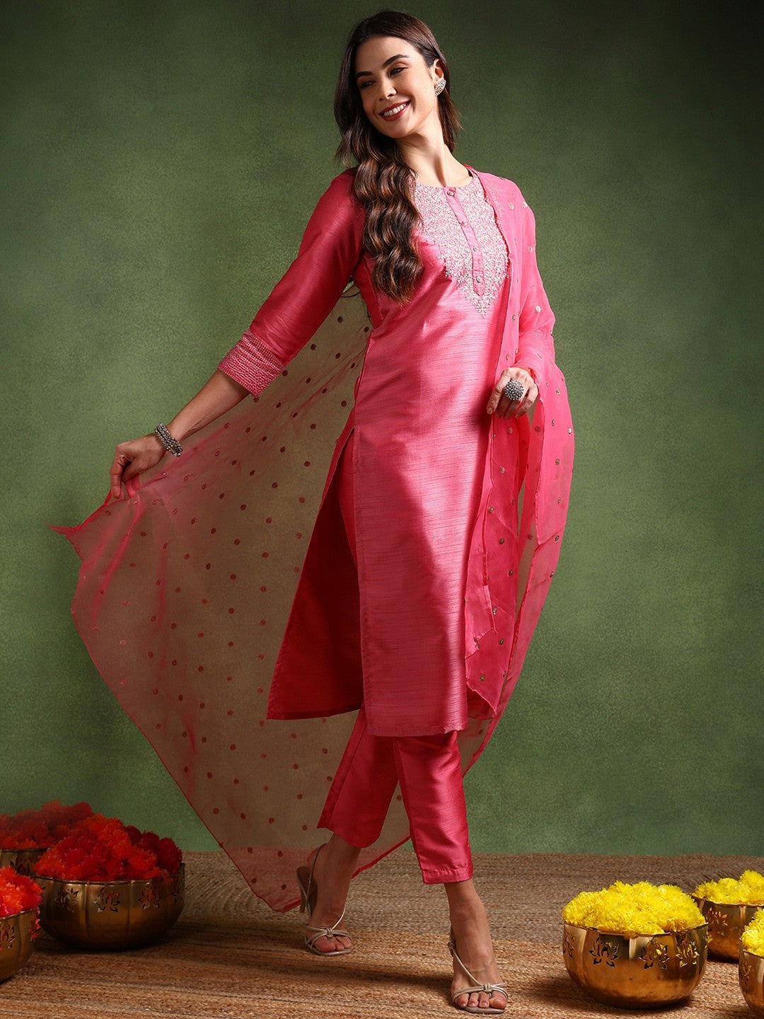 Shiny Poly Silk Embroidered Kurta Pant with Dupatta, 3pc set