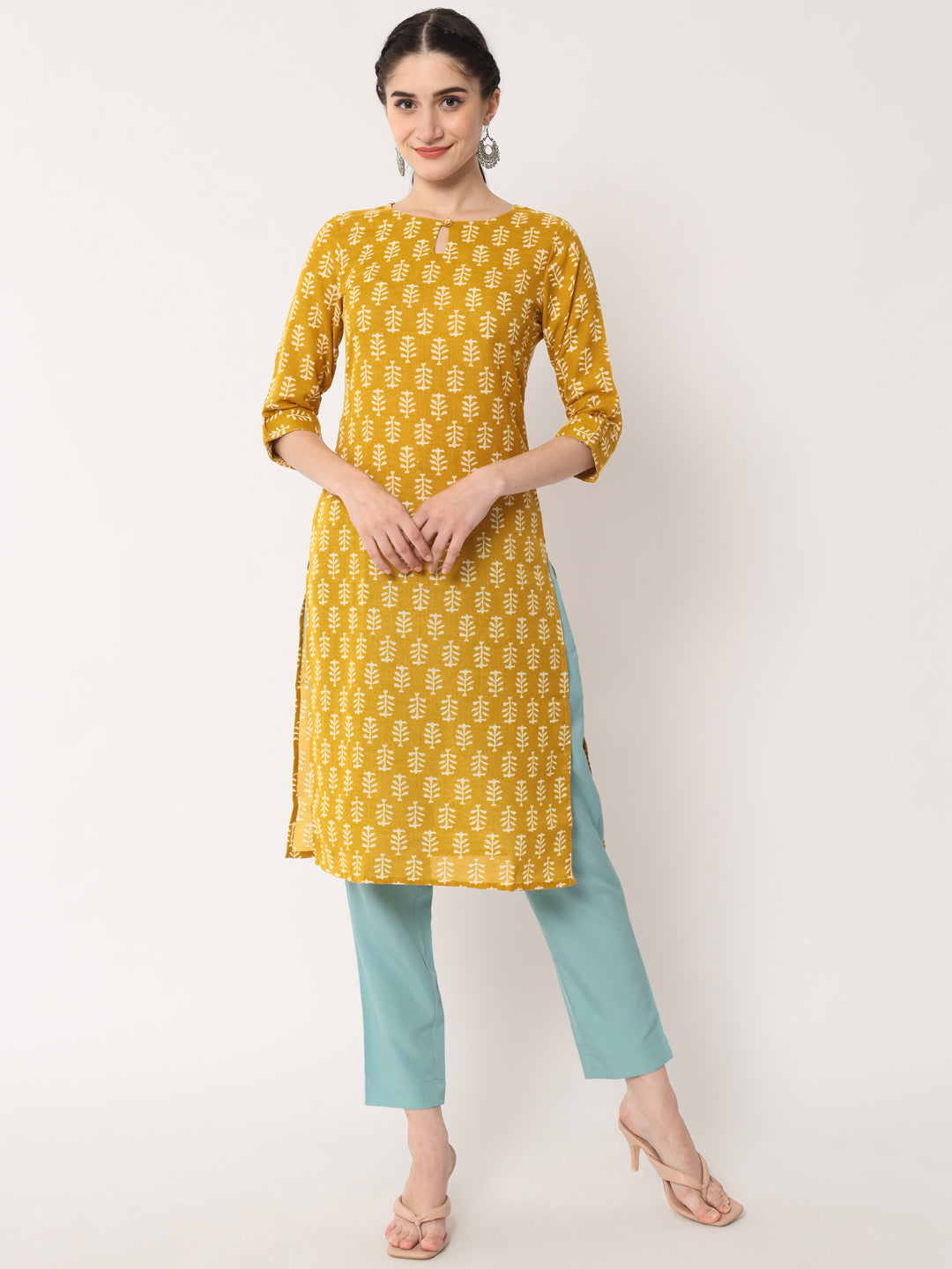 Women's Mustard Rayon Blend Printed Kurta- 1pc set, TK061