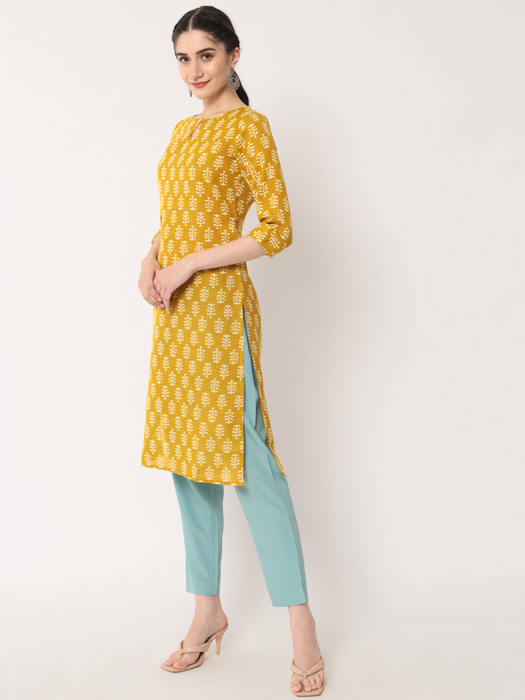 Women's Mustard Rayon Blend Printed Kurta- 1pc set, TK061