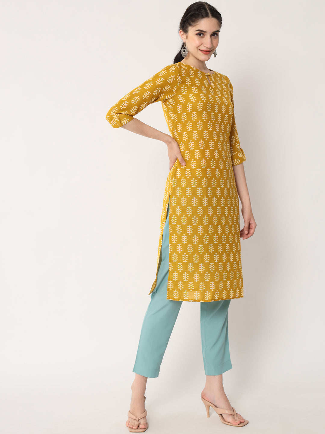 Women's Mustard Rayon Blend Printed Kurta- 1pc set, TK061