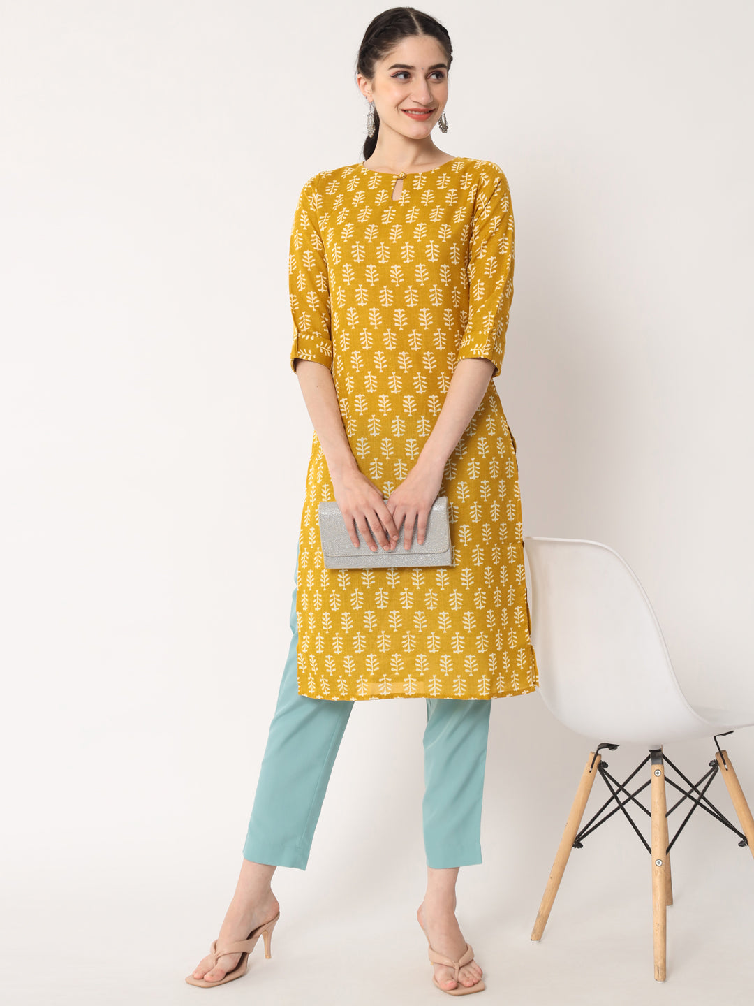 Women's Mustard Rayon Blend Printed Kurta- 1pc set, TK061
