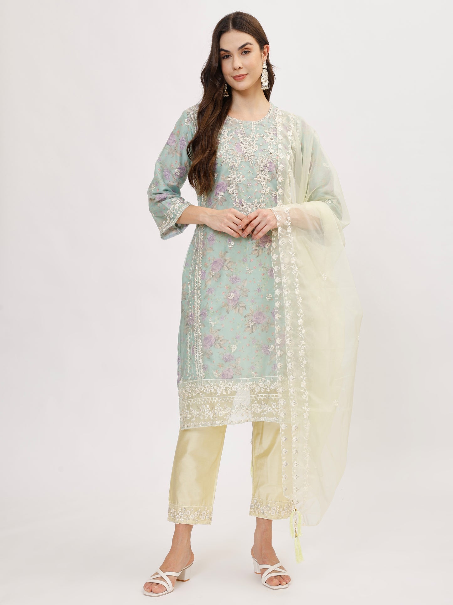 Designer organza fabric suit set with Hand Work Emboridery - Lemon Yellow, TK104