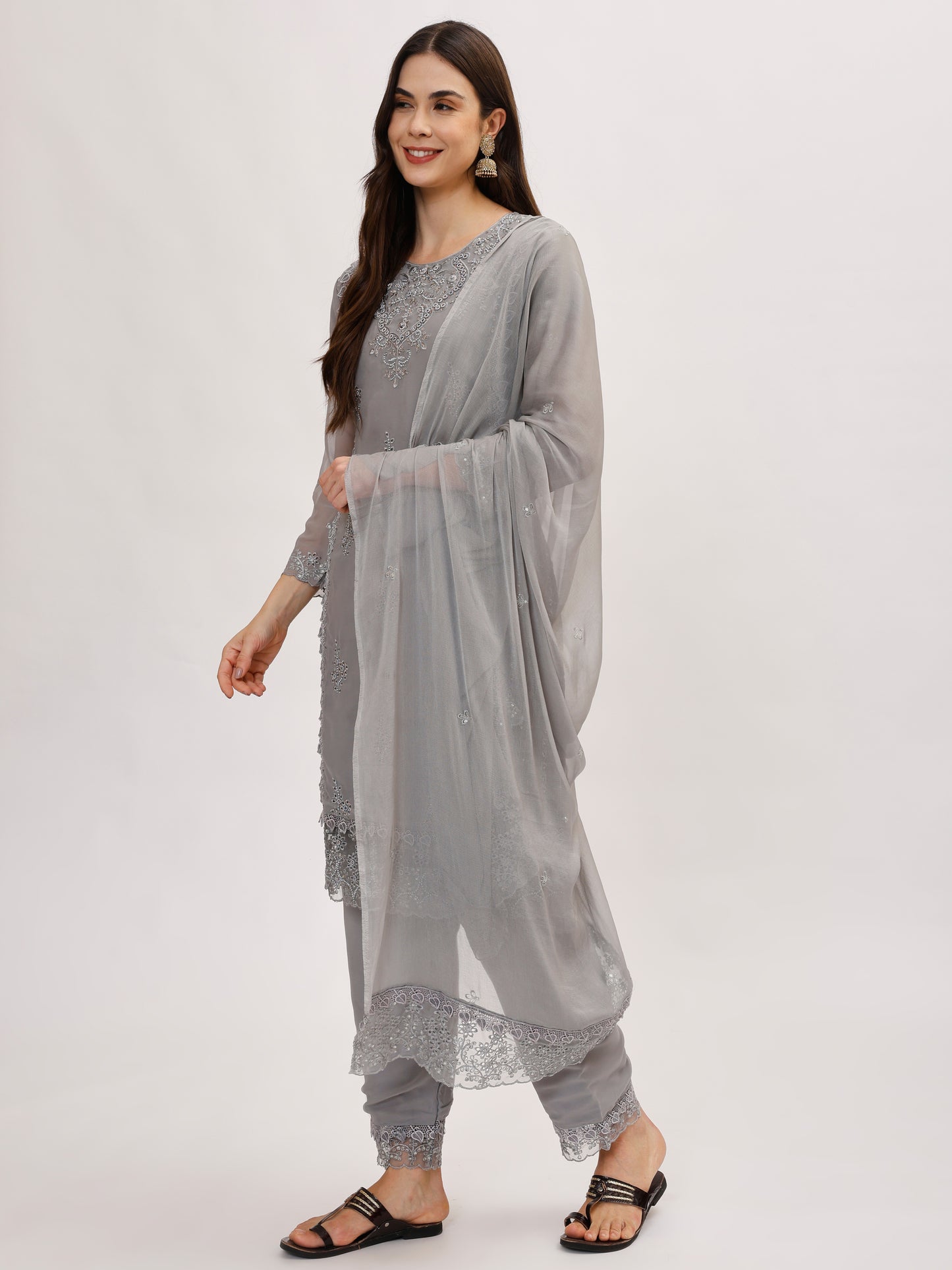 Premium Georgette fabric suit set with embroidery - Grey, TK127