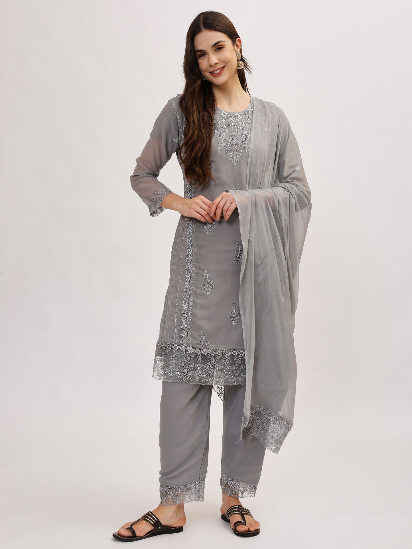 Premium Georgette fabric suit set with embroidery - Grey, TK127