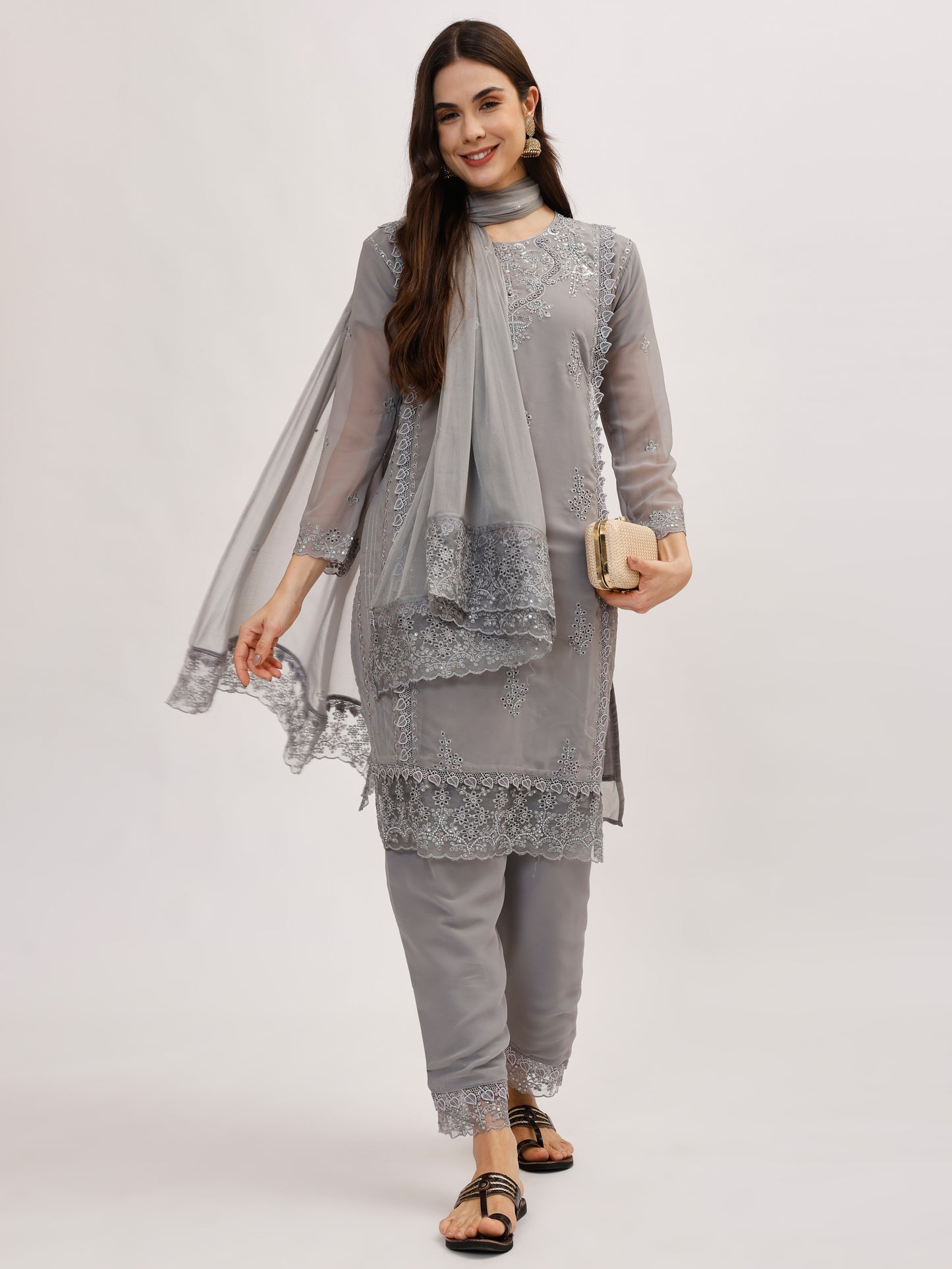 Premium Georgette fabric suit set with embroidery - Grey, TK127