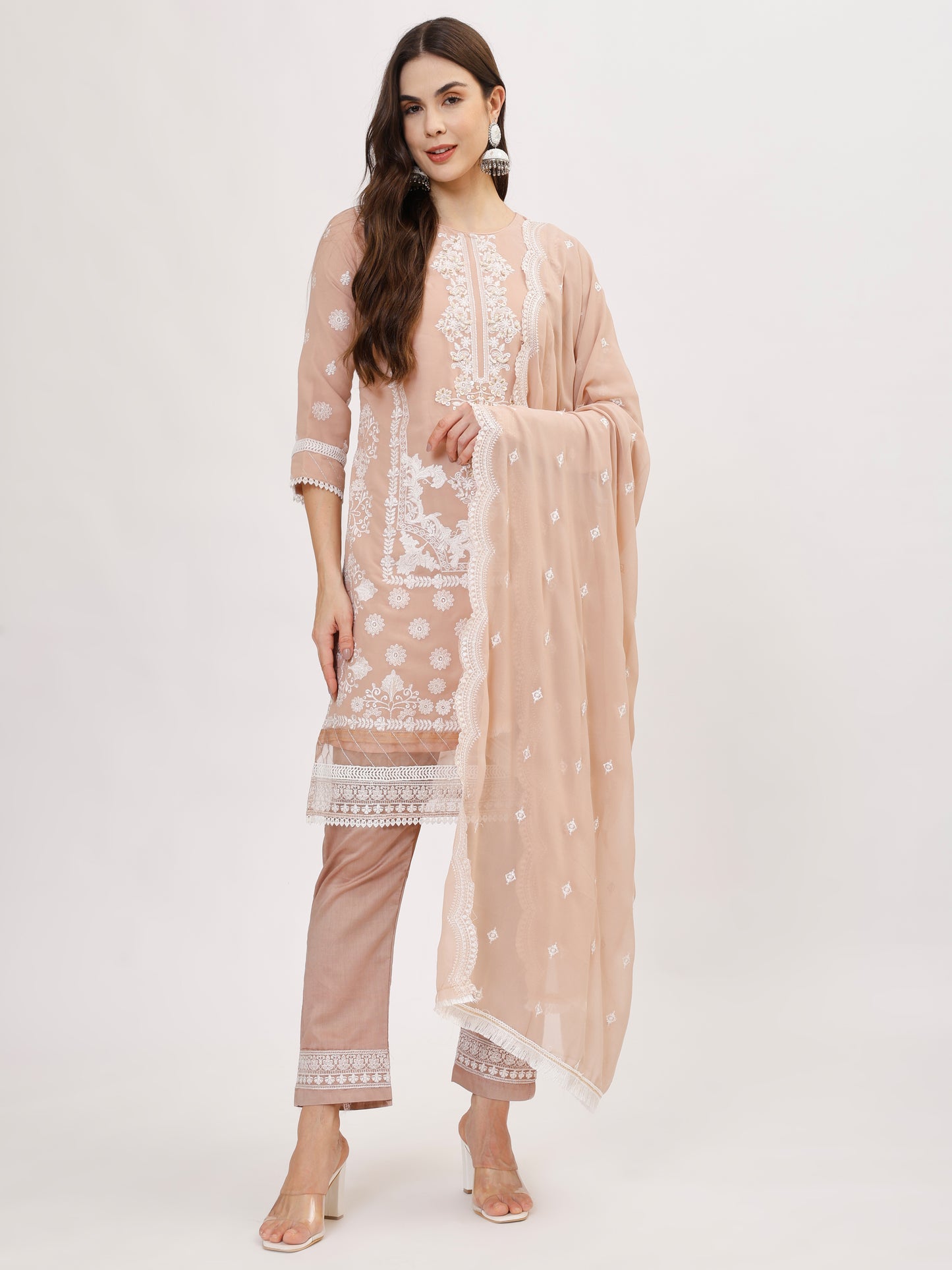 Premium Georgette fabric suit set with embroidery - Pink, TK133