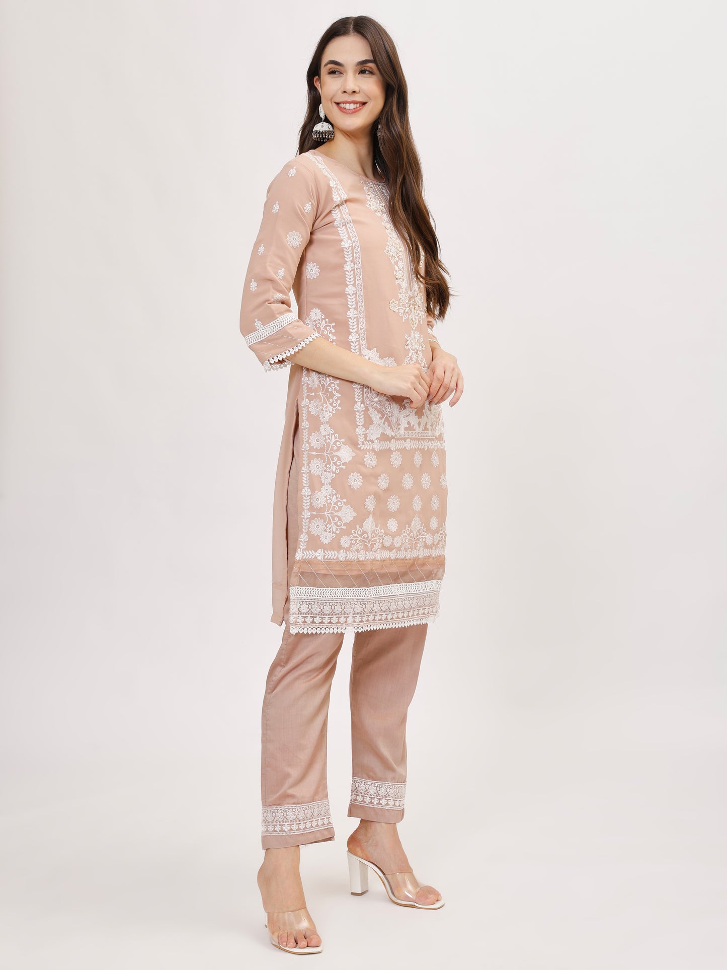 Premium Georgette fabric suit set with embroidery - Pink, TK133