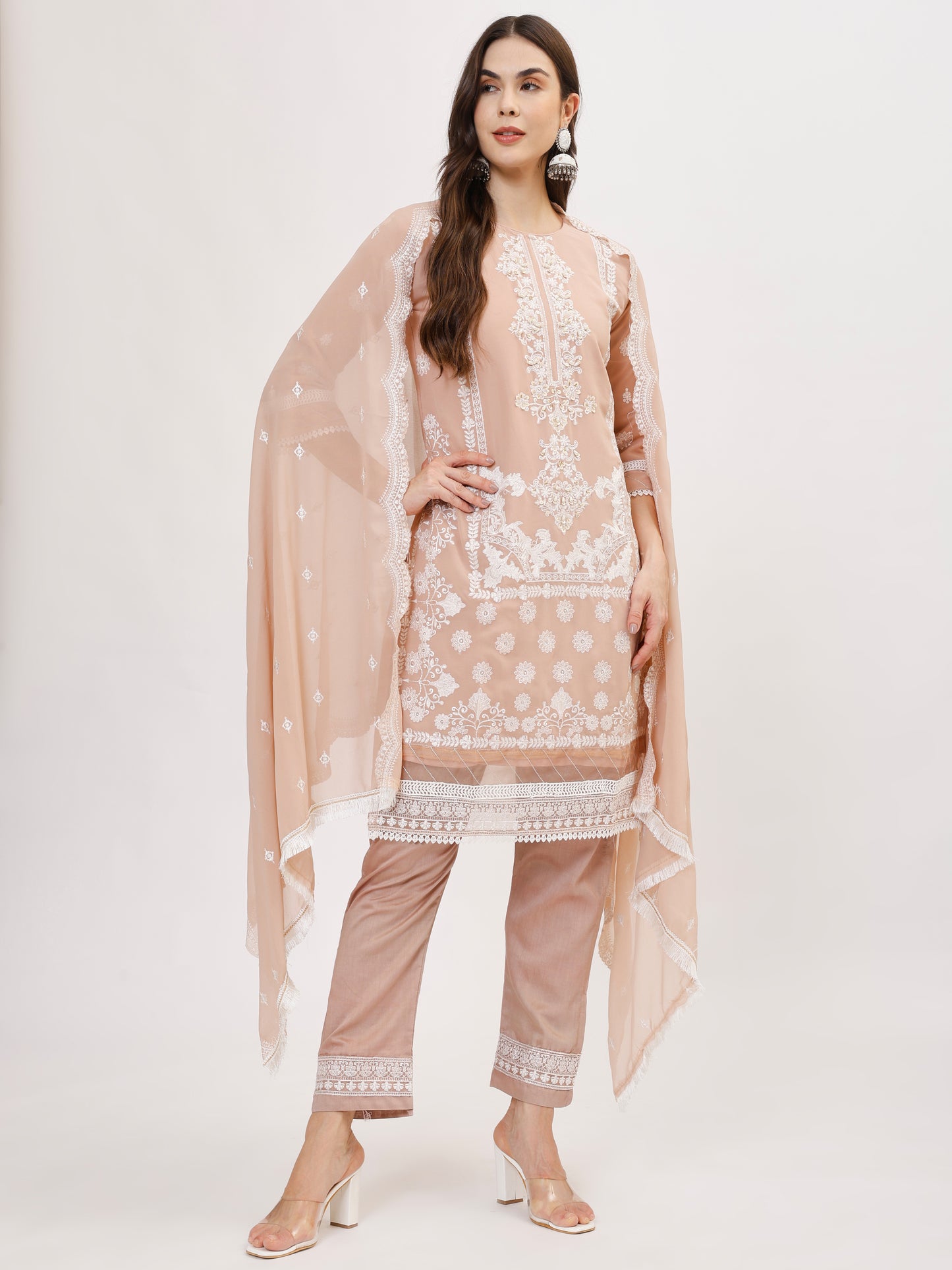 Premium Georgette fabric suit set with embroidery - Pink, TK133