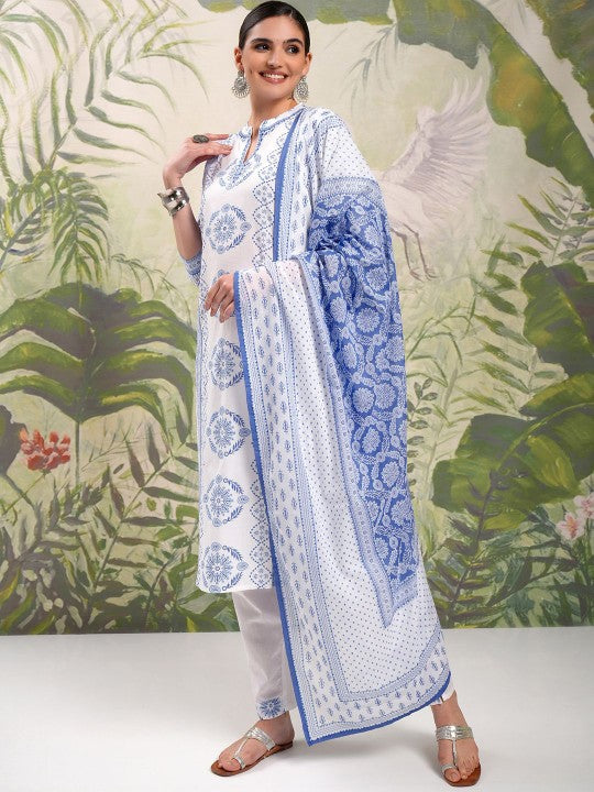 White& Blue Printed Viscose Suit set with dupatta, 3pc, TK180